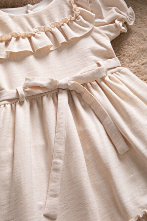 Bej Fırfır Detaylı Kuşaklı Kız Çocuk Kısa Kol Elbise 22686