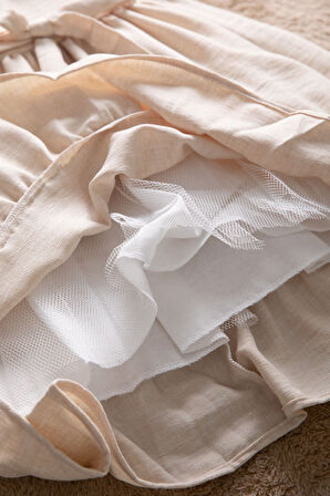 Bej Fırfır Detaylı Kuşaklı Kız Çocuk Kısa Kol Elbise 22686