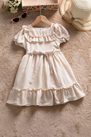 Bej Fırfır Detaylı Kuşaklı Kız Çocuk Kısa Kol Elbise 22686