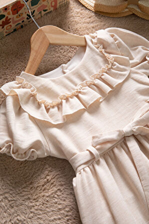 Bej Fırfır Detaylı Kuşaklı Kız Çocuk Kısa Kol Elbise 22686