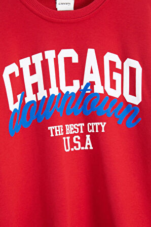 Kırmızı Chicago Baskılı Bisiklet Yaka Erkek Çocuk 2li Eşofman Takımı 22730