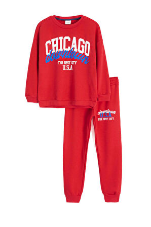 Kırmızı Chicago Baskılı Bisiklet Yaka Erkek Çocuk 2li Eşofman Takımı 22730