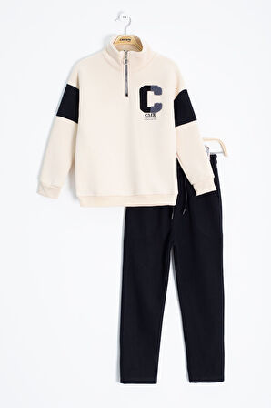 Siyah Kadife Pantolonlu Fermuarlı Yaka Şardonlu Erkek Çocuk Takım 23241