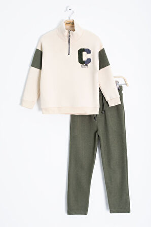 Haki Kadife Pantolonlu Fermuarlı Yaka Şardonlu Erkek Çocuk Takım 23244