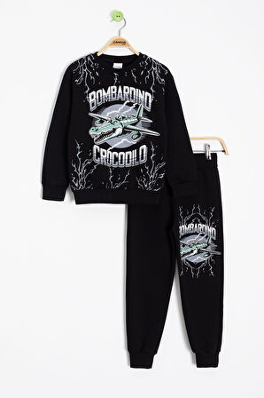 Siyah Erkek Çocuk Yazılı Karakter Baskılı Şardonlu Eşofman Takımı 23286