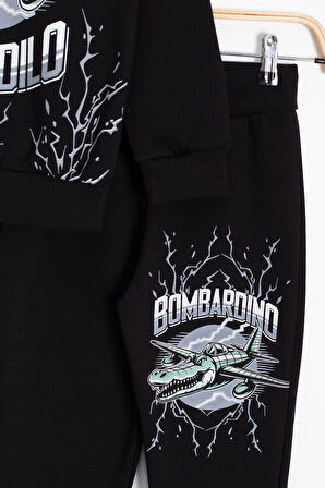 Siyah Erkek Çocuk Yazılı Karakter Baskılı Şardonlu Eşofman Takımı 23286