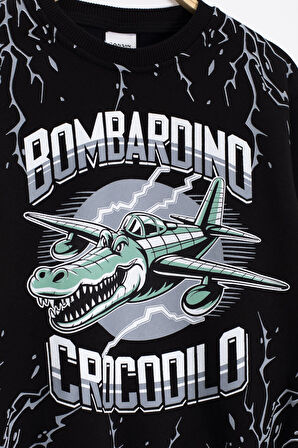 Siyah Erkek Çocuk Yazılı Karakter Baskılı Şardonlu Eşofman Takımı 23286