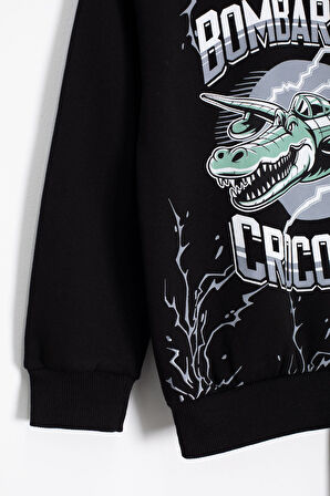 Siyah Erkek Çocuk Yazılı Karakter Baskılı Şardonlu Eşofman Takımı 23286