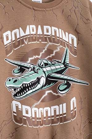 Kahverengi Erkek Çocuk Yazılı Karakter Baskılı Şardonlu Eşofman Takımı 23289