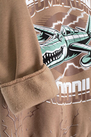 Kahverengi Erkek Çocuk Yazılı Karakter Baskılı Şardonlu Eşofman Takımı 23289