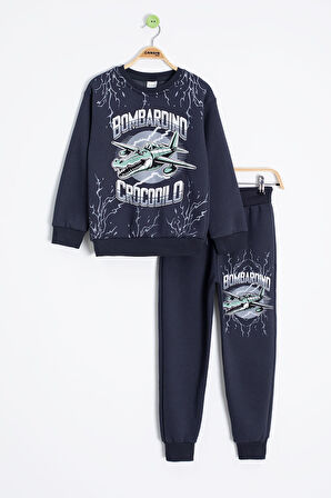 Füme Erkek Çocuk Yazılı Karakter Baskılı Şardonlu Eşofman Takımı 23290