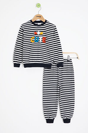 Lacivert Erkek Çocuk Cute Nakışlı Çizgili Şardonlu Eşofman Takımı 23310