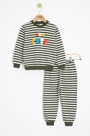 Haki Erkek Çocuk Cute Nakışlı Çizgili Şardonlu Eşofman Takımı 23311