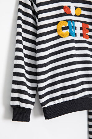 Füme Erkek Çocuk Cute Nakışlı Çizgili Şardonlu Eşofman Takımı 23312