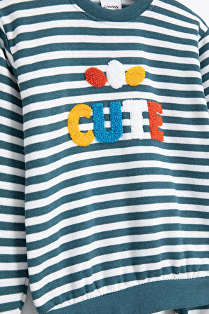 İndigo Erkek Çocuk Cute Nakışlı Çizgili Şardonlu Eşofman Takımı 23313