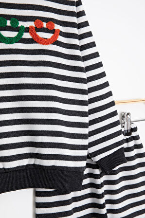 Füme Erkek Çocuk Gülenyüz Nakışlı Çizgili Şardonlu Takım 23322