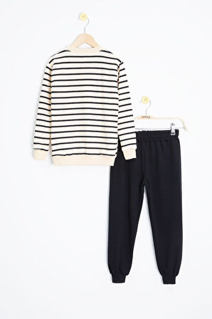 Siyah Çizgili Cep Detaylı Erkek Çocuk Eşofman Takımı 23340
