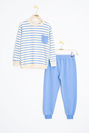 Mavi Çizgili Cep Detaylı Erkek Çocuk Eşofman Takımı 23341