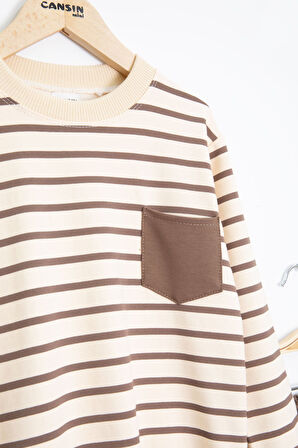 Kahverengi Çizgili Cep Detaylı Erkek Çocuk Eşofman Takımı 23342