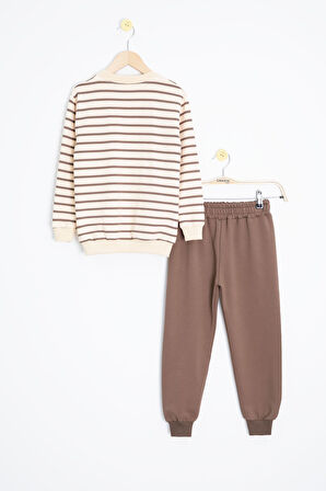 Kahverengi Çizgili Cep Detaylı Erkek Çocuk Eşofman Takımı 23342
