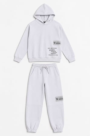 Gri Erkek Çocuk Şardonlu Yazı Baskı Armalı Kapüşonlu Eşofman Takımı 24800
