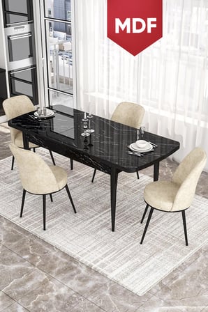 Via Serisi 80x132 MDF Açılabilir Mutfak Masası Takımı Siyah Mermer Desen Masa 4 Krem Sandalye