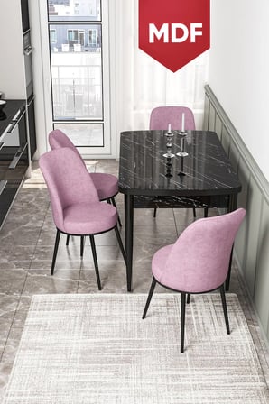 Via Serisi 80x132 MDF Açılabilir Mutfak Masası Takımı Siyah Mermer Desen Masa 4 Pembe Sandalye