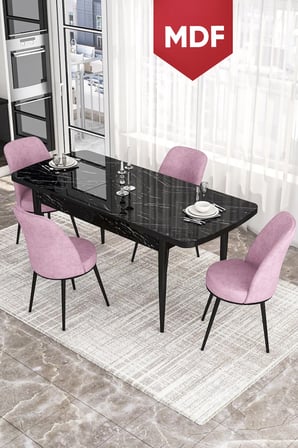 Via Serisi 80x132 MDF Açılabilir Mutfak Masası Takımı Siyah Mermer Desen Masa 4 Pembe Sandalye