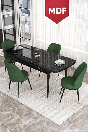 Via Serisi 80x132 MDF Açılabilir Mutfak Masası Takımı Siyah Mermer Desen Masa 4 Haki Yeşil Sandalye