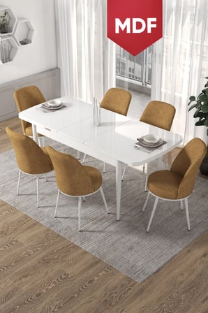 Via Serisi MDF 80x132 Açılabilir Mutfak Masası Takımı Beyaz Masa 6 Cappucino Sandalye