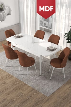 Via Serisi MDF 80x132 Açılabilir Mutfak Masası Takımı Beyaz Masa 6 Kiremit Sandalye