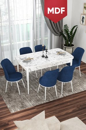 Via Serisi MDF 80x132 Açılabilir Mutfak Masası Takımı Beyaz Mermer Desen Masa 6 Lacivert Sandalye