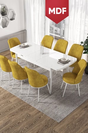 Via Serisi MDF 80x132 Açılabilir Mutfak Masası Takımı Beyaz Masa 8 Hardal Sandalye