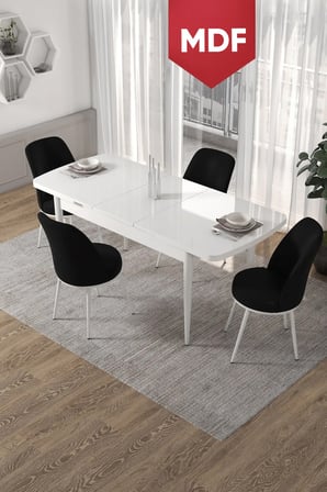 Via Serisi 80x132 MDF Açılabilir Mutfak Masası Takımı Beyaz Masa 4 Siyah Sandalye