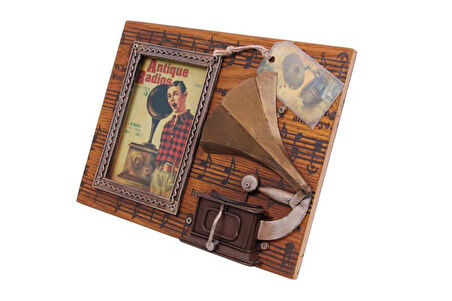 Dekoratif Metal Çerçeve Gramofon Dekorlu Vintage Hediyelik