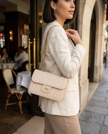 Krem Kapitone Suni Deri Gold Zincirli Omuz Çanta 23×16 cm