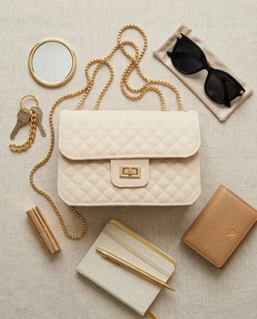 Krem Kapitone Suni Deri Gold Zincirli Omuz Çanta 23×16 cm