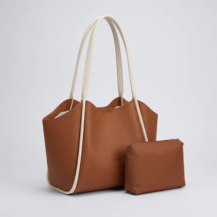 Kadın Kahve Krem Yumuşak Deri Omuz Çantası 30x25 cm Ekstra Makyaj Çantalı