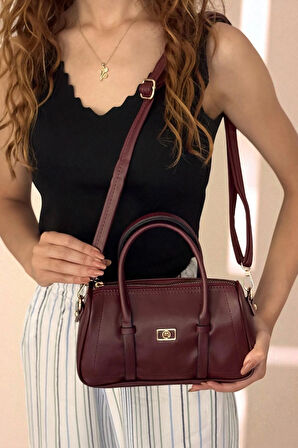 Kadın Bordo Çift Şeritli Minimal Günlük El & Omuz Çantası