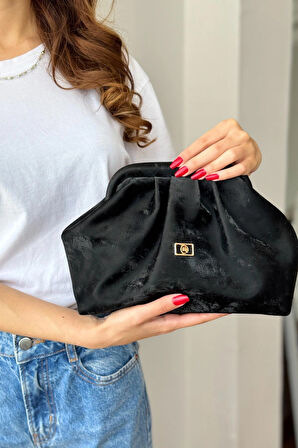 Kadın Siyah Yansımalı Saten Süet Yumuşak Suni Deri Askılı Clutch Portföy Günlük / Abiye Çanta