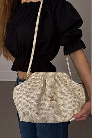 Kadın Krem Hasır Görünümlü El ve Omuz Askılı Clutch Çanta