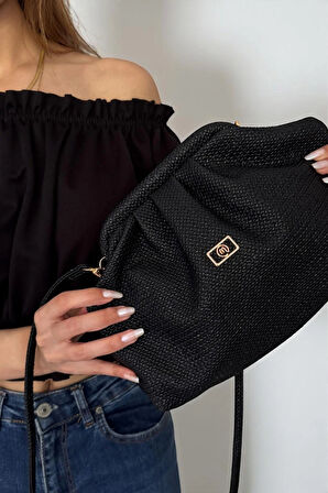 Kadın Siyah Hasır Görünümlü El ve Omuz Askılı Clutch Çanta
