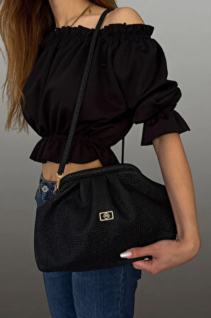 Kadın Siyah Hasır Görünümlü El ve Omuz Askılı Clutch Çanta