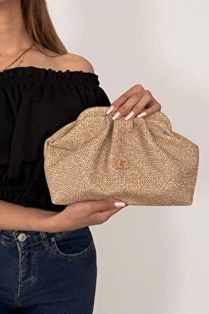 Kadın Vizon Hasır Görünümlü El ve Omuz Askılı Clutch Çanta