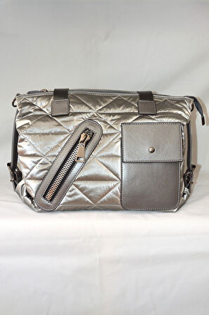 Kadın Gri Çanta Paraşüt Kumaş Şişme Büyük Boy Fermuarlı Ve Askılı Günlük Şık Çanta