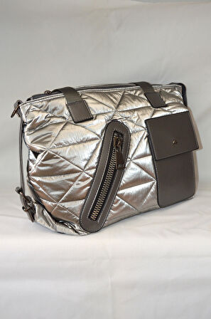 Kadın Gri Çanta Paraşüt Kumaş Şişme Büyük Boy Fermuarlı Ve Askılı Günlük Şık Çanta