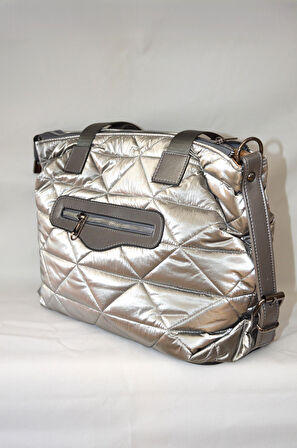 Kadın Gri Çanta Paraşüt Kumaş Şişme Büyük Boy Fermuarlı Ve Askılı Günlük Şık Çanta