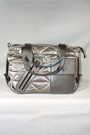 Kadın Gri Çanta Paraşüt Kumaş Şişme Büyük Boy Fermuarlı Ve Askılı Günlük Şık Çanta