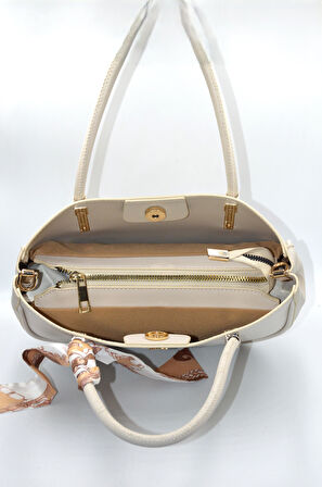 Kadın Bej Kurdele Süslü Fermuarlı Ve Askılı Günlük Şık Çanta