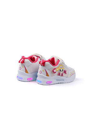 Kız Bebe Beyaz Fuşya Figürlü Işıklı Cırtlı Sneaker Günlük Spor Ayakkabı